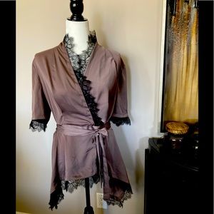 BCBG Taupe Wrap Top with Black Lace Detail